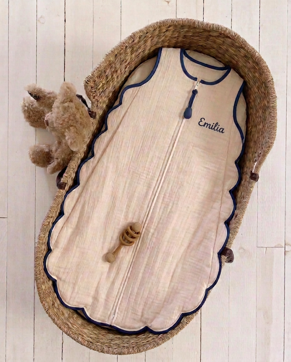 Beige muslin baby sleeping bag with an embroidered name in a wicker basket