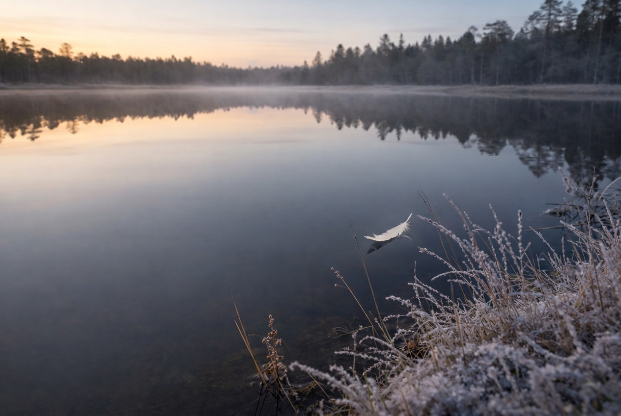 White feather floating on a calm misty lake at dawn